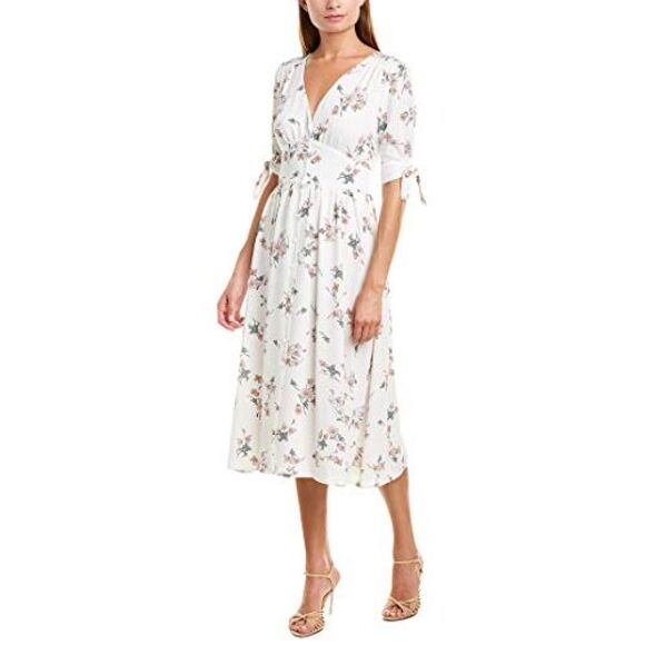 Floral-Print Tie-Sleeve Midi Dress Soft Ecru Blush 0 - Picture 1 of 1
